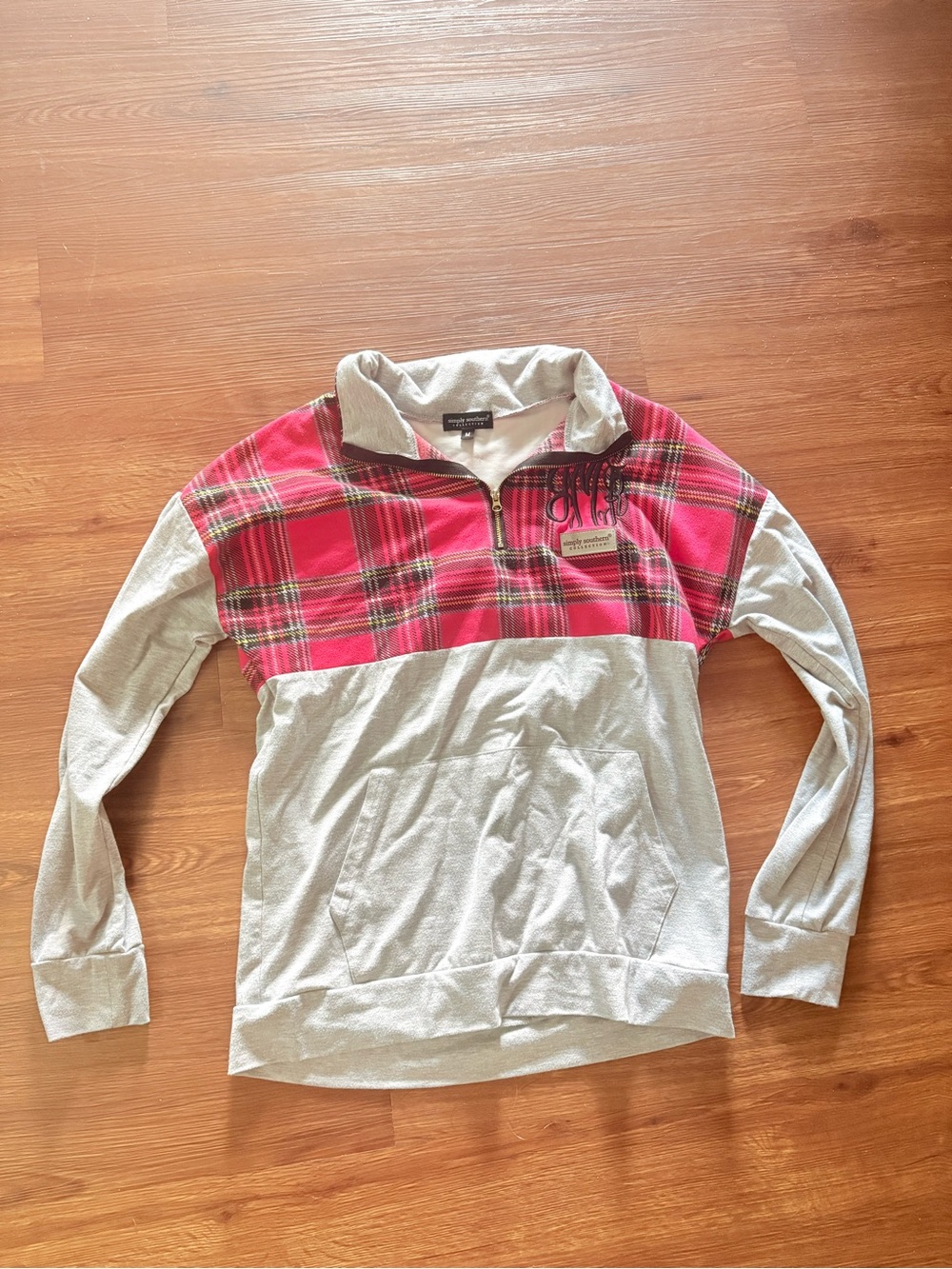 Simply Southern Red Plaid Quarter-Zip Pullover with Light Gray Body